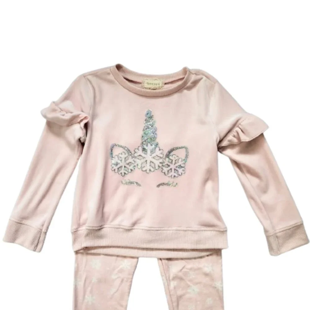BTWEEN Light Pink Sequined Unicorn Top & Leggings Outfit 2-Piece Set - Girl's 5 - Picture 3 of 5